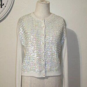 Vintage Sequin Cardigan 100% Orlon Acrylic Button Down White Iridescent